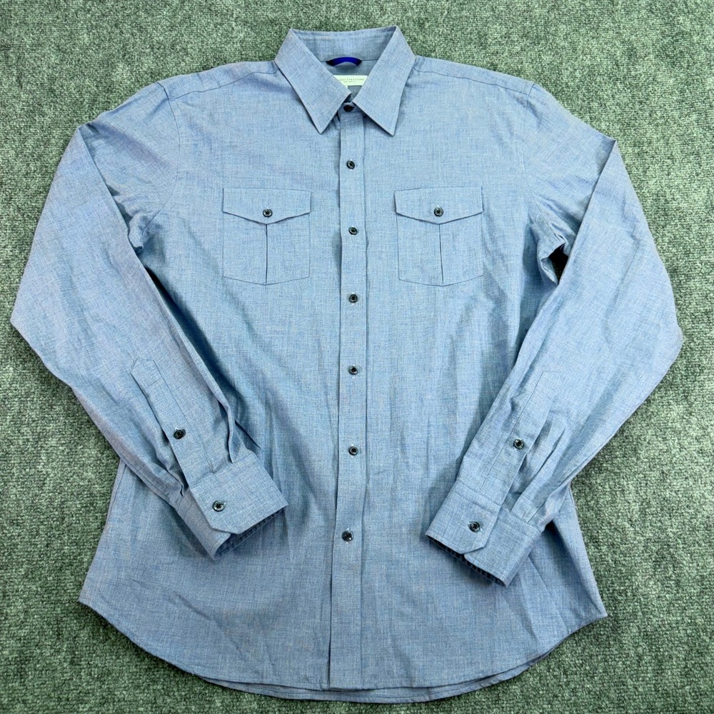 Teddy Stratford Shirt Mens Size 4 Medium Blue Zipper Button Up Double Pocket
